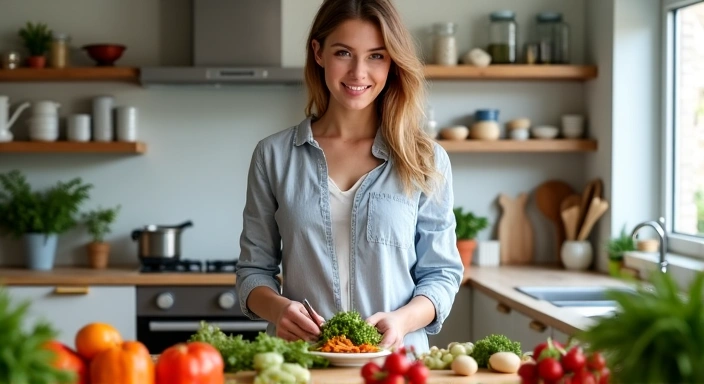 Kobieta przygotowująca posiłek w nowoczesnej kuchni, z mnóstwem świeżych składników.